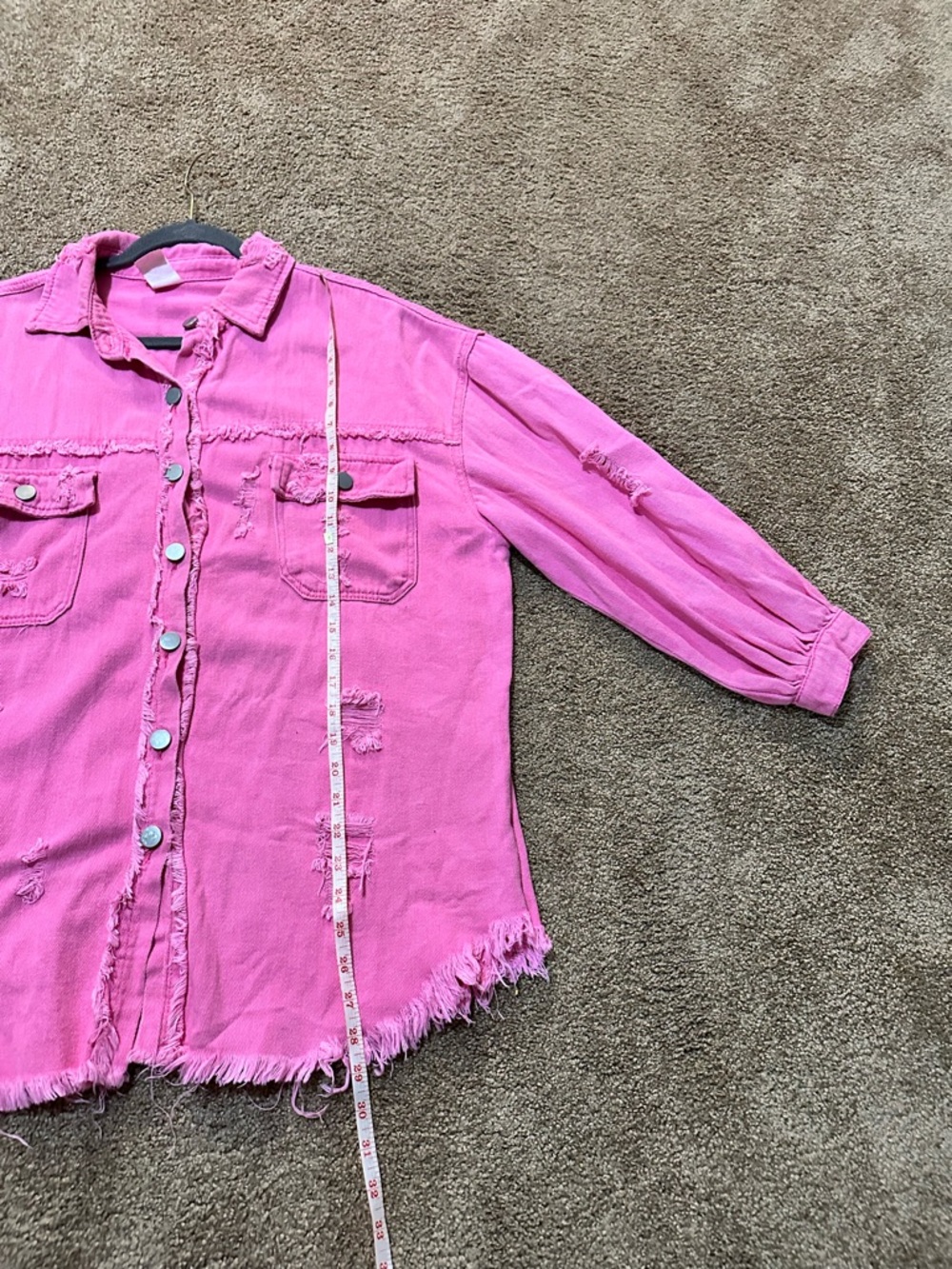 Pink ripped distressed denim casual boyfriend jean jacket fringe size X-Large - Picture 10 of 11